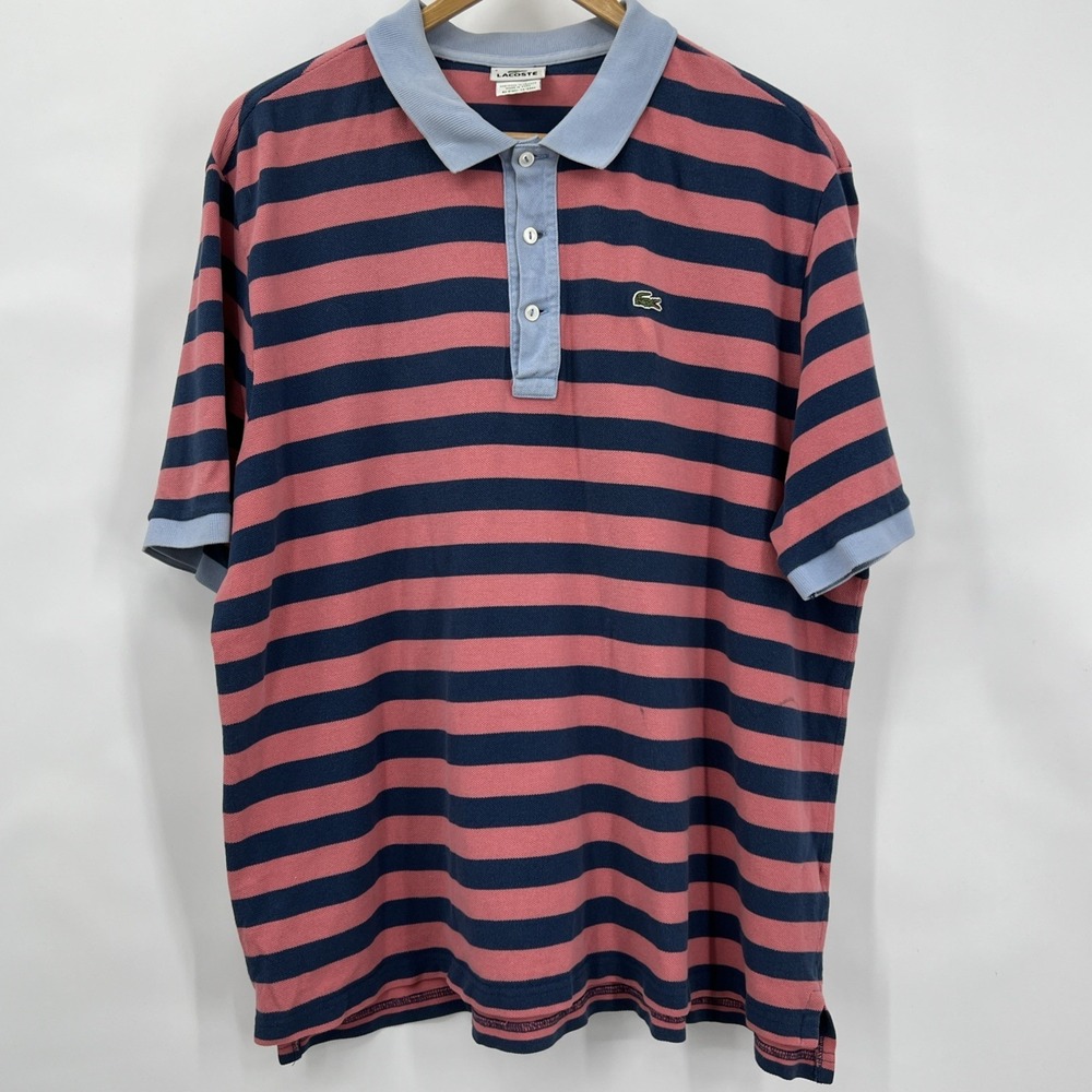 Vintage 90s Izod Lacoste Polo Shirt Mens L Pink Blue Stripes France Peru Preppy